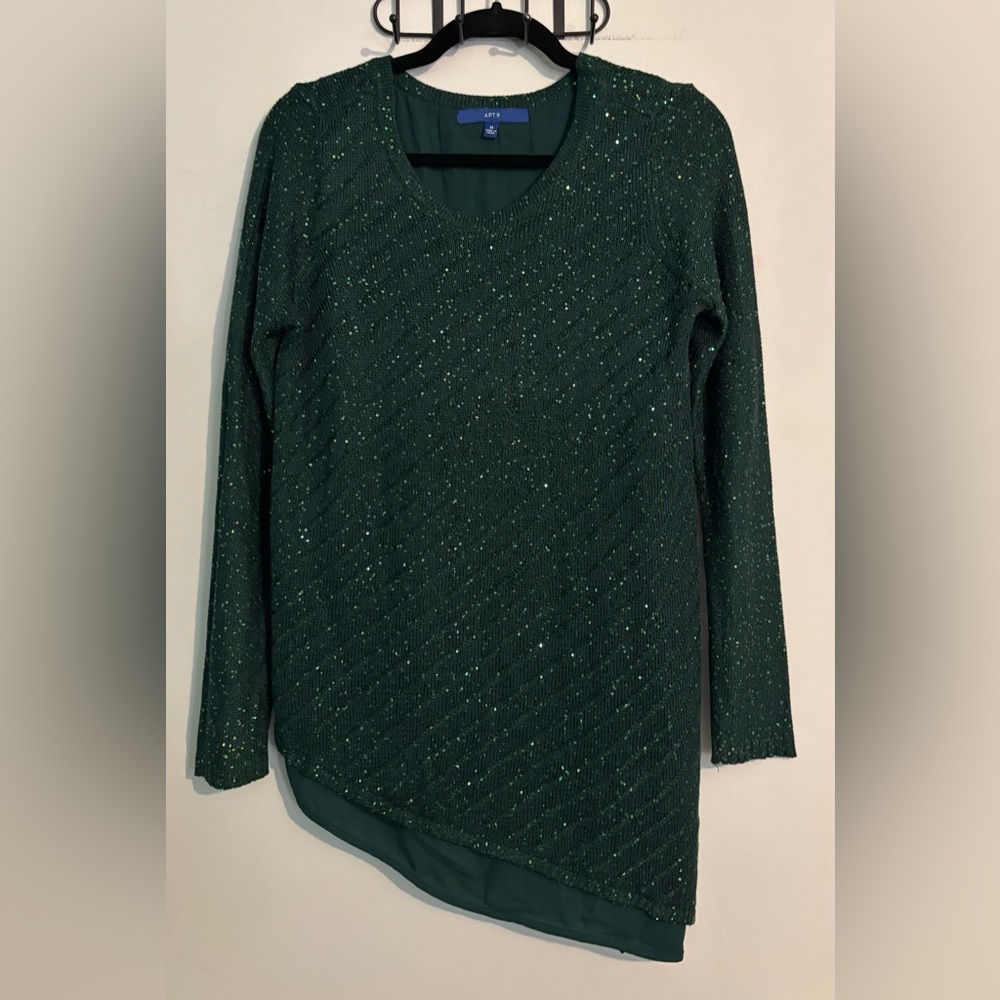 Apt 9 Womens‎ Asymmetrical Green Sequin Long Sleeve Sweater Party Glitz Medium